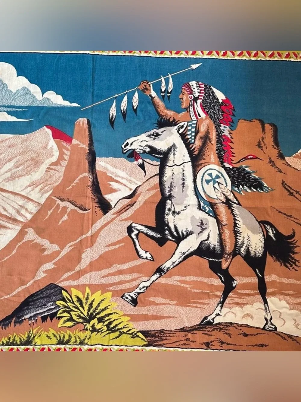 Vintage Southwestern Native American Horse Rider Woven Tapestry Wall Hanging